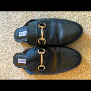 Black Leather Steve Madden Mules, Gold Hardware
